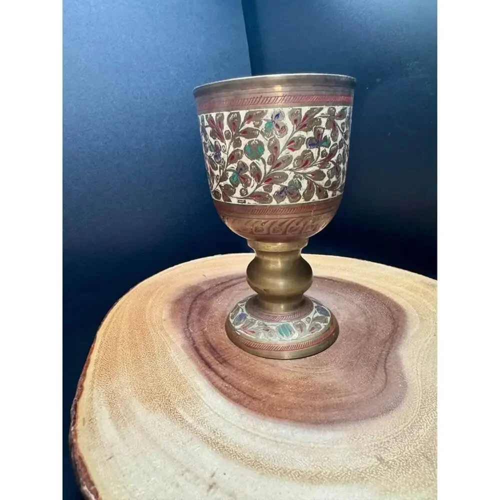 Vintage brass Pedestal Display Cup Etched with Enamel Floral Design